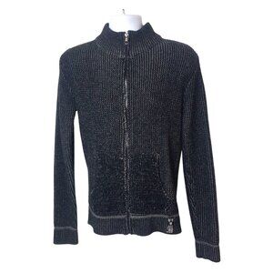 Dark Black Mens S Full-Zip Knit Sweater Black Gray Ribbed Pockets Preppy Moto